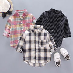 2024 Spring and Autumn New Boys and Girls Checkered Shirt for Babies, Korean Style Loose Turn-up Collar Long-sleeve Shirt for Children