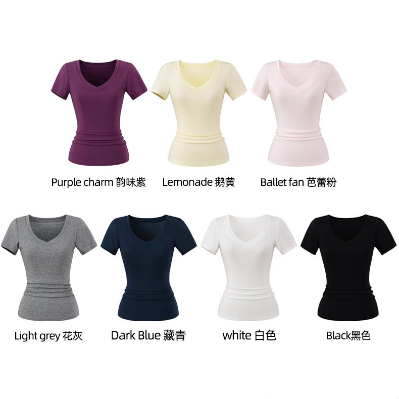 テンセル速乾ソフトVネック半袖Tシャツカセットタイト弾性痩身ラウンドネックトップ女性用夏ヨーロッパとアメリカのバッチ|undefined