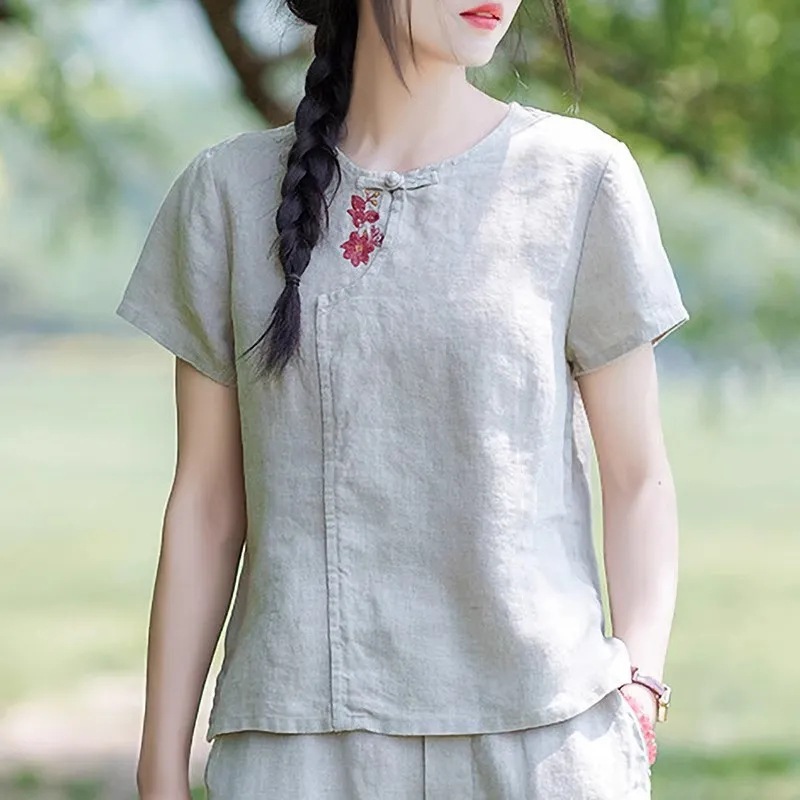 棉麻民族风新中式刺绣短袖t恤春夏季文艺女新款宽松休闲上衣小衫|undefined