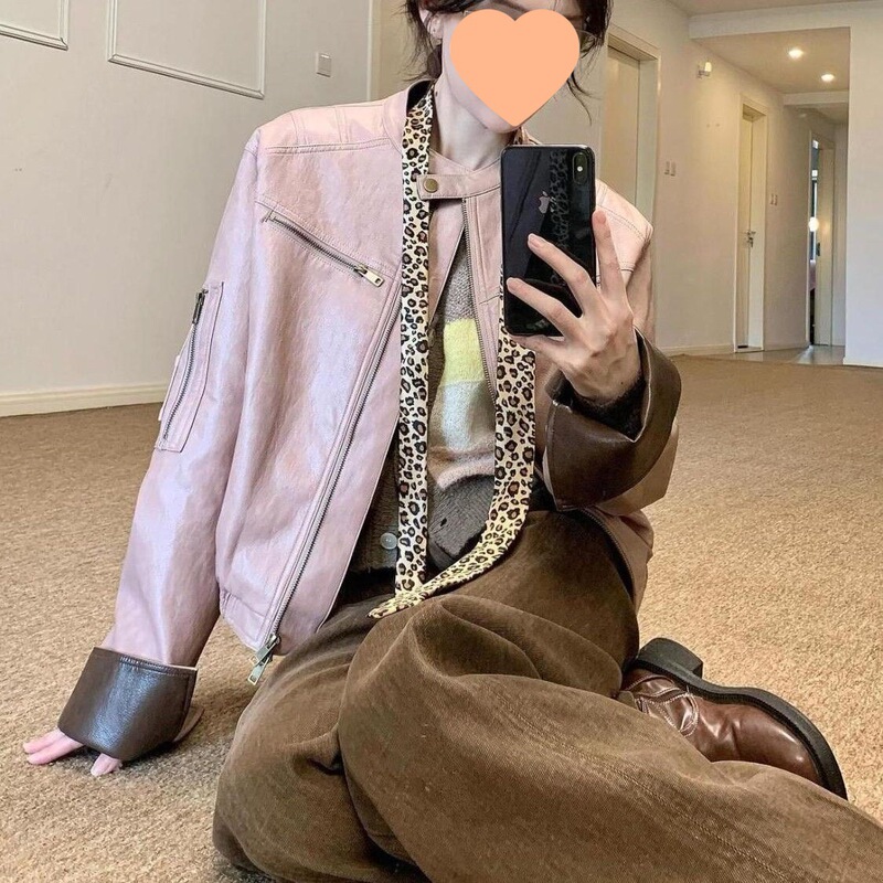 美式复古酷飒风撞色pu皮衣外套女秋季超好看廓形休闲夹克上衣|undefined