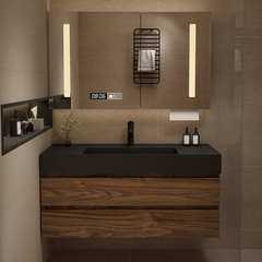 北歐實木浴室櫃組合衛生間胡桃木色洗漱台洗手池一體洗臉盆衛浴櫃