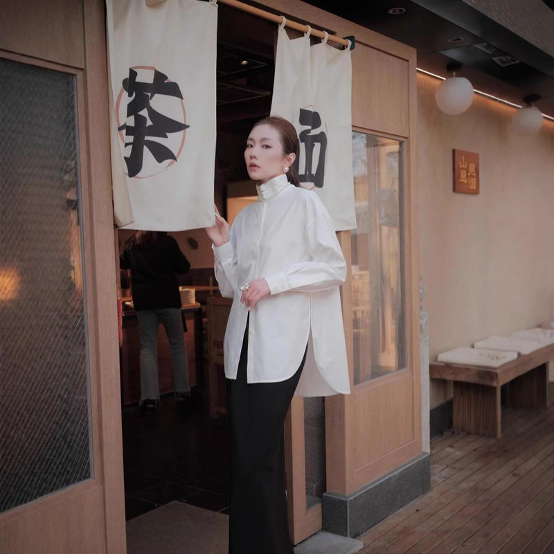 Chinese-Style High-Neck New Pure Cotton Shirt for Women, Spring and Autumn Long-Sleeve Loose Button-Up Top with an Artistic Retro Design