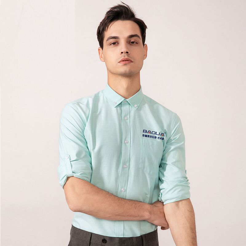 Oxford woven shirt men's and women's same style milk tea shop work clothes 4s shop cuff White blue green casual cardigan top Oxford woven shirt men's and women's same style milk tea shop work clothes 4s shop cuff White blue green casual cardigan top