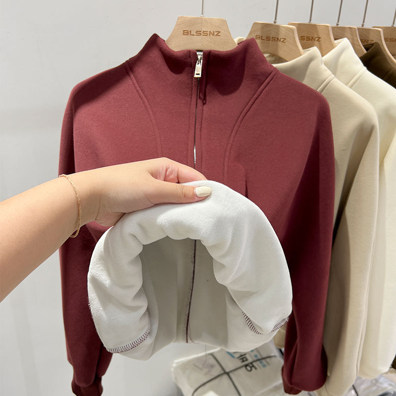 300斤大码女装半高领加绒加厚卫衣冬季胖mm保暖上衣拉链外套ins潮