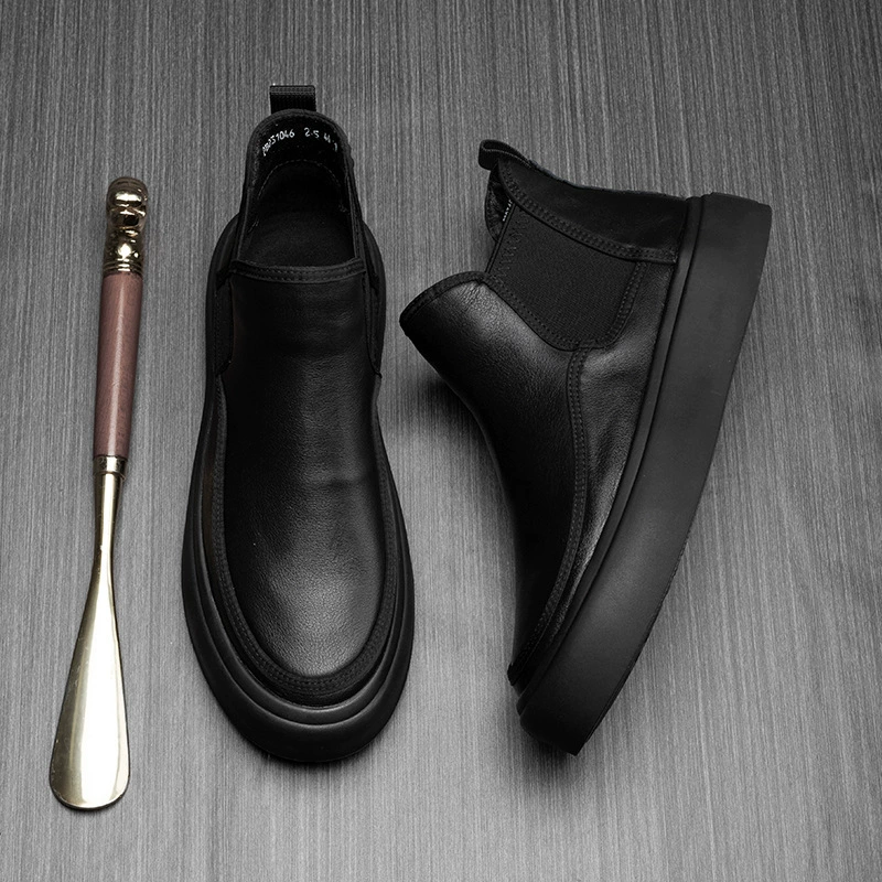 Прямые поставки с фабрики, Новая повседневная мужская обувь с высоким верхом без шнуровки на флисовой подкладке, повседневная мужская матовая кожаная обувь, мужская оптовая продажа