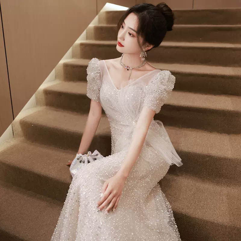 鱼尾晚礼服裙女2025春秋新款法式轻奢亮片小众婚纱裙年会晚宴礼服