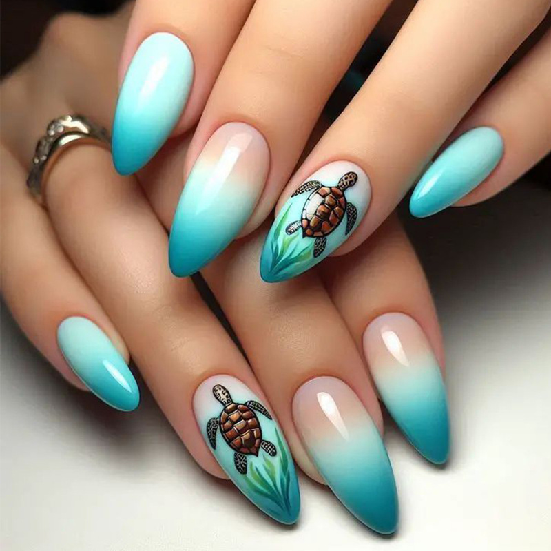 Wearable Almond-Shaped Nails with Gradient Green Ocean Style Turtle Pattern Design, Removable Fake Nails for Manicure