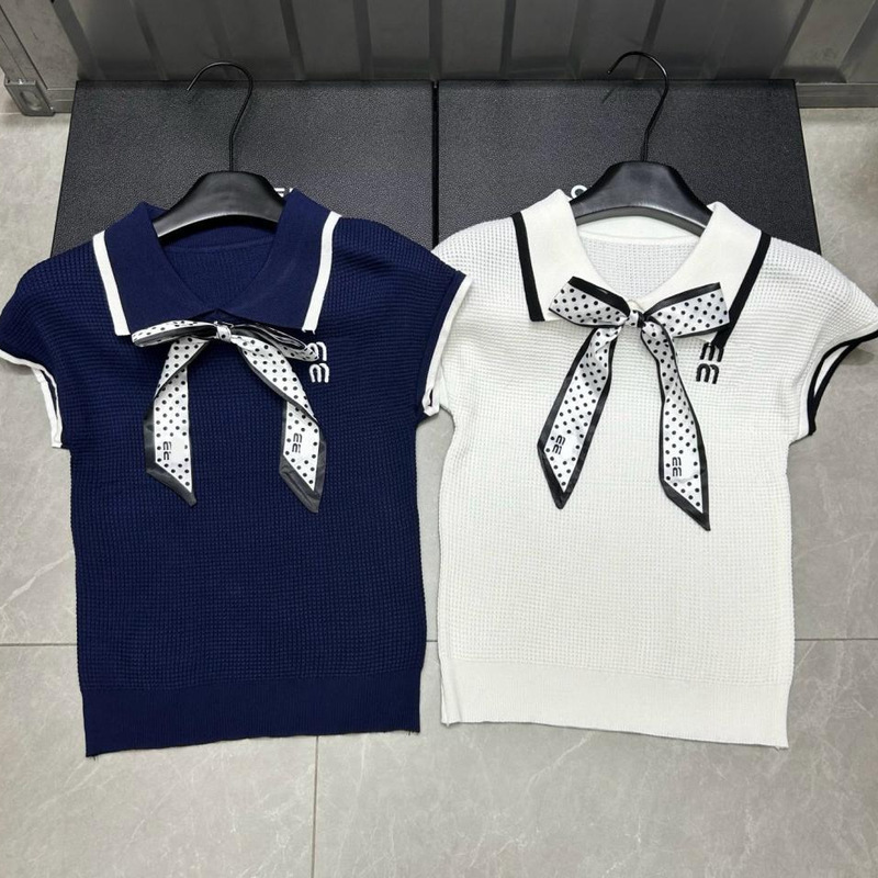 25 Years Early Autumn New Nn Home Double-Layer Letter Lapel Bow Knitted Short-Sleeved Pullover Slim Slim Women's Sweater