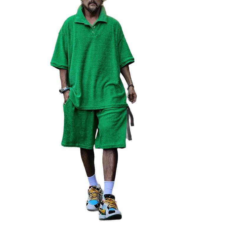 Camiseta de solapa de los hombres transfronterizos camisa de polo traje deportivo Toalla de verano para hombres pantalones cortos de manga corta sueltos conjunto de dos piezas
