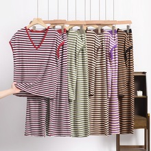 春夏新款复古条纹比特棉V领短袖长裤套装宽松休闲大码薄款家居服