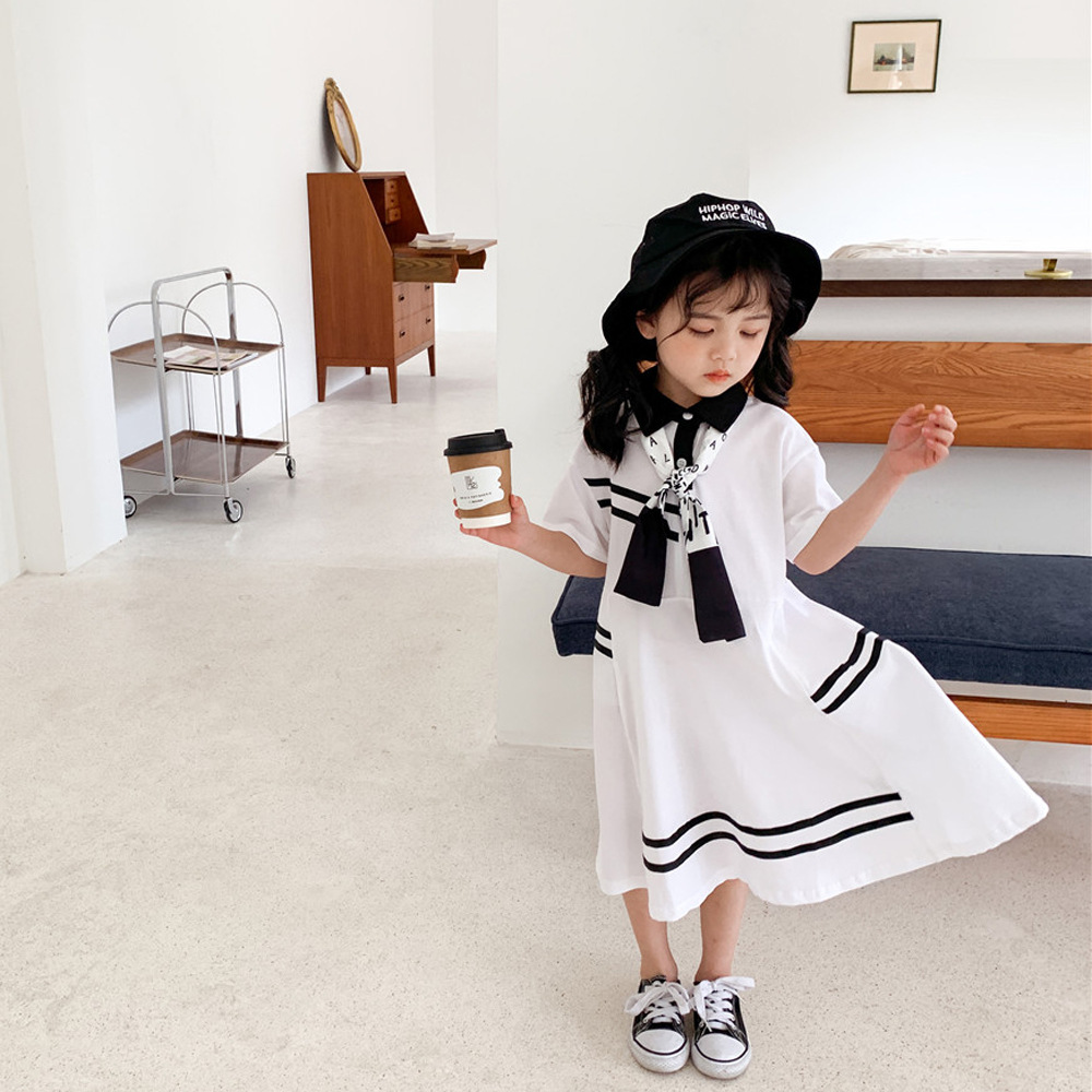 韓國童裝批發2021夏款女童連衣裙POLO女寶寶純色休閑裙子潮範