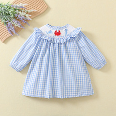 Spring and Autumn New Women and Children's Dress Long Sleeve French Pleated Women and Children's Stylish Skirt Blue Grid Princess Dress Cotton