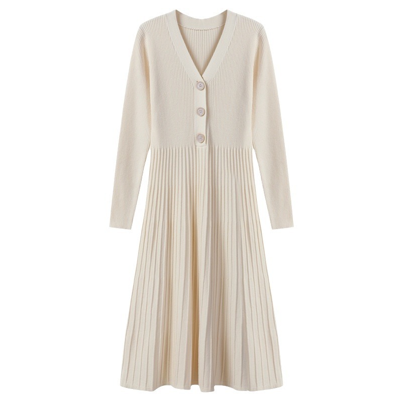 Älykäs neulottu naisten syys- ja talvimekko, uusi malli, väljä plus-koon villainen mekko, jossa on laskokset polven yli._voghion.com