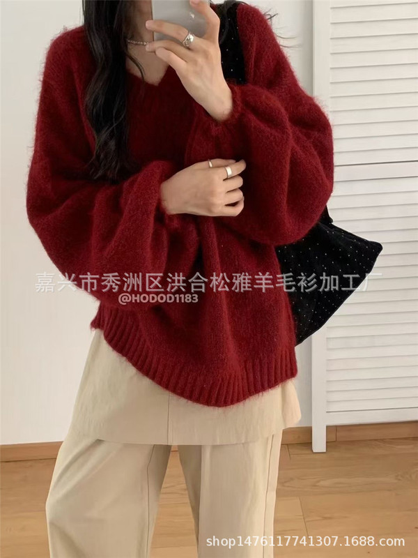 韩系宽松慵懒v领套头毛衣女秋冬新款纯色百搭大码针织衫软糯上衣|undefined