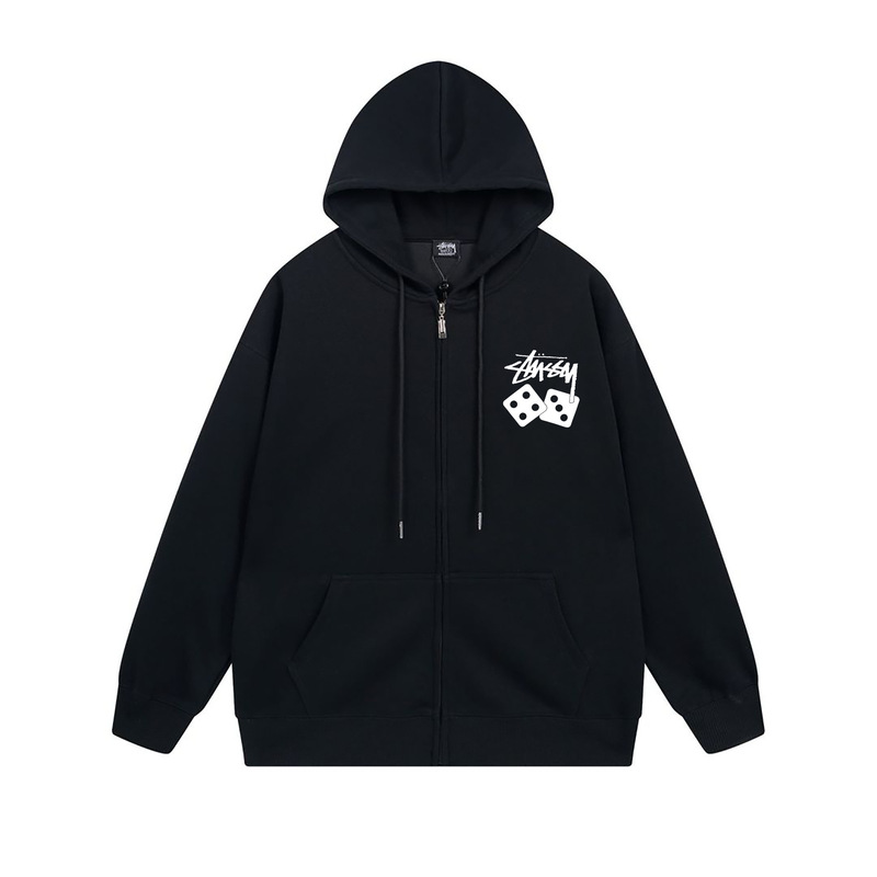 ヨーロッパとアメリカの Stussy スチューシー レタープリント ブラック 8 ジッパー プラス ベルベット フード付き秋冬スウェットシャツ メンズ レディース ジャケット|undefined