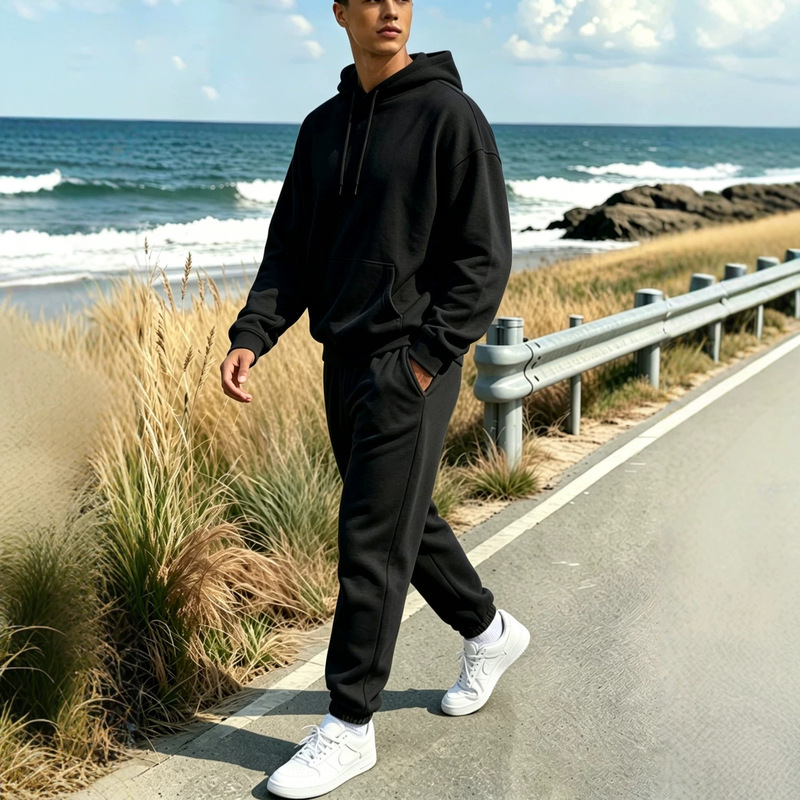 Cross-Border Foreign Trade Men's Clothing Set Autumn and Winter Fleece-Lined Casual Sports Hoodie Sweatshirt Jogger Sweatpants Solid Color Two-Piece Set