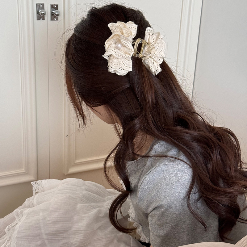 レースフラワーパールリボンヘアピン 2025 新しい純粋な欲望クリップ気質ポニーテールバナナクリップヘアアクセサリー女性のための|undefined
