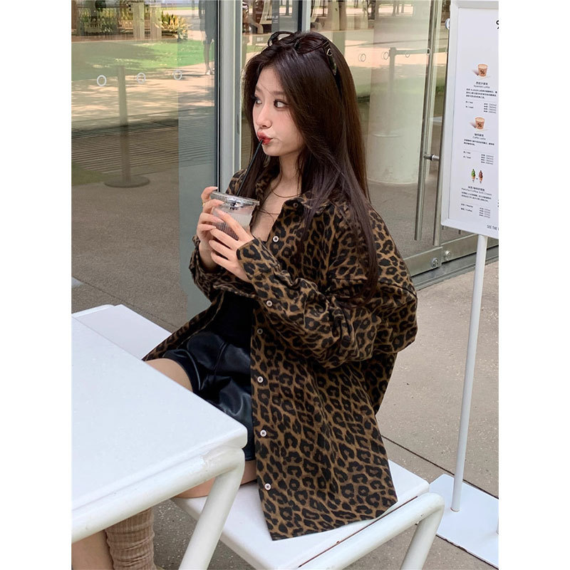 豹纹长袖衬衫外套秋装女款2025年新款中长款宽松美式复古外搭上衣|undefined