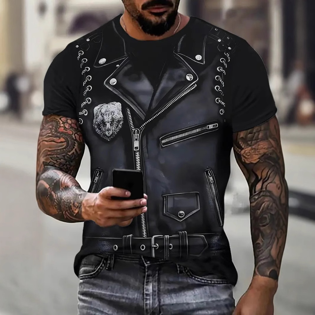 Europa y América AliExpress venta caliente oso blanco chaqueta de mezclilla estampado 3D camiseta de cuello redondo de manga corta de alta suelta de verano para hombres