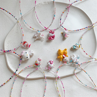 Children's Cute Cartoon Cat Necklace Girls Princess Colorful Beaded Necklace Accessories Sweet Girly Style Clavicle Chain