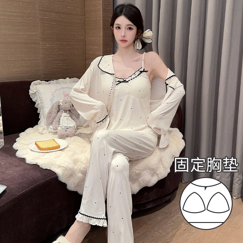 Spring and Autum Polka Dot Printed Modal Long-Sleeved Pajamas, High-End Accessible Luxury Home Clothes, Skin-Friendly Draped Three-Piece Set for Women Spring and Autum Polka Dot Printed Modal Long-Sleeved Pajamas, High-End Accessible Luxury Home Clothes, Skin-Friendly Draped Three-Piece Set for Women