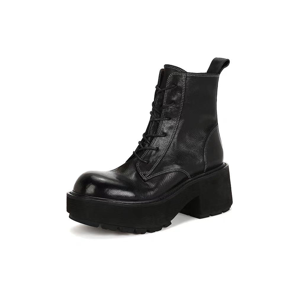 Botas de Motociclista de Tacón Grueso con Cordones de Cuero Lavado Retro de Otoño, Botas Cortas de Exterior para Mujer, Botas Estilo Martin
