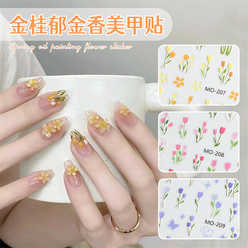 Pegatinas de uñas en relieve de tulipán de primavera de gelatina, pequeñas flores frescas, pegatinas de uñas 5D con pegamento trasero