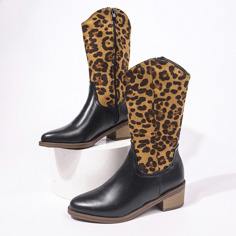 Damenschuhe Stiefel mit spitzer Spitze und dickem Absatz bis zur Mitte der Wade_voghion.com