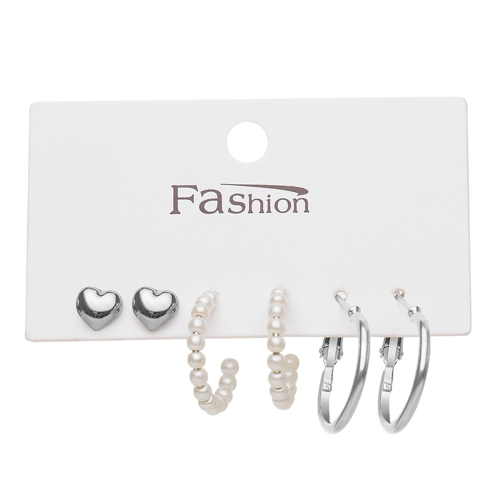 Juego de 3 aretes de aleación plateada de estilo europeo y americano, aretes con forma de corazón, aros geométricos creativos, aretes de imitación de perlas.