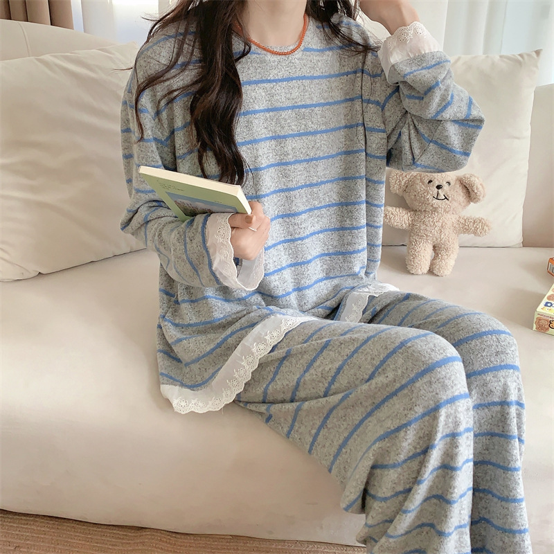 한국 가을과 겨울 새 잠옷 여성 한국 줄무늬 간단한 편안한 레이스 세트 캐주얼 느슨한 캐주얼 홈 의류