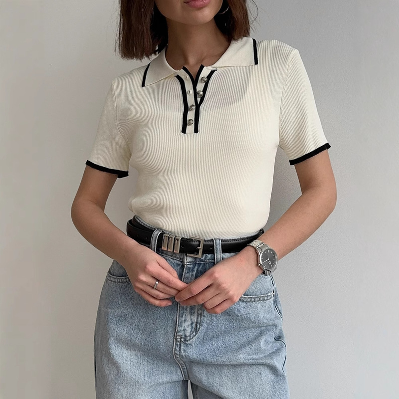 Cross-border Amazon French slim-fit short-sleeved lapel top new threaded tight-fitting contrast color European and American temperament sweater