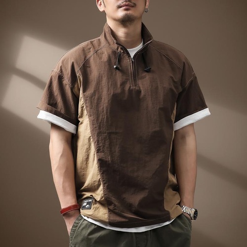 American Style Functional Windproof Dry Ice Silk Polo Shirt Men's Short Sleeve T-Shirt Summer Outdoor Lightweight Half Zip Casual T-Shirt