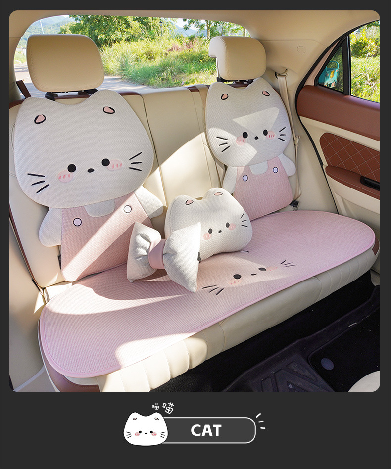 Linen Car Seat Cushion, Universal for All Seasons, Breathable, Rear Seat Cushion with 3D Cute Cat Cartoon Design, Cute Female Seat Cover