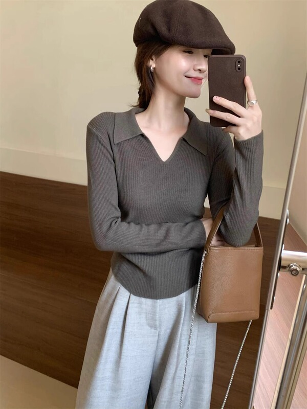 polo领深灰色打底衫女装秋季v领针织毛衣内搭修身显瘦高级感上衣|undefined