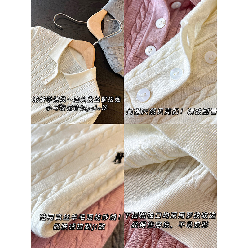 Shanghai Dan Nong Flagship Store/2026 Autumn Embroidered Polo Collar Cable Knit Short-Sleeve T-Shirt