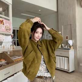 秋冬新款休闲拉链麂皮绒翻领夹克女巨好看的加厚早秋漂亮外套