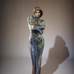 Fashionable Half Turtleneck Slim Fit Colorful Printed Casual Long-Sleeved Backless Long Hip-Hugging Dress
