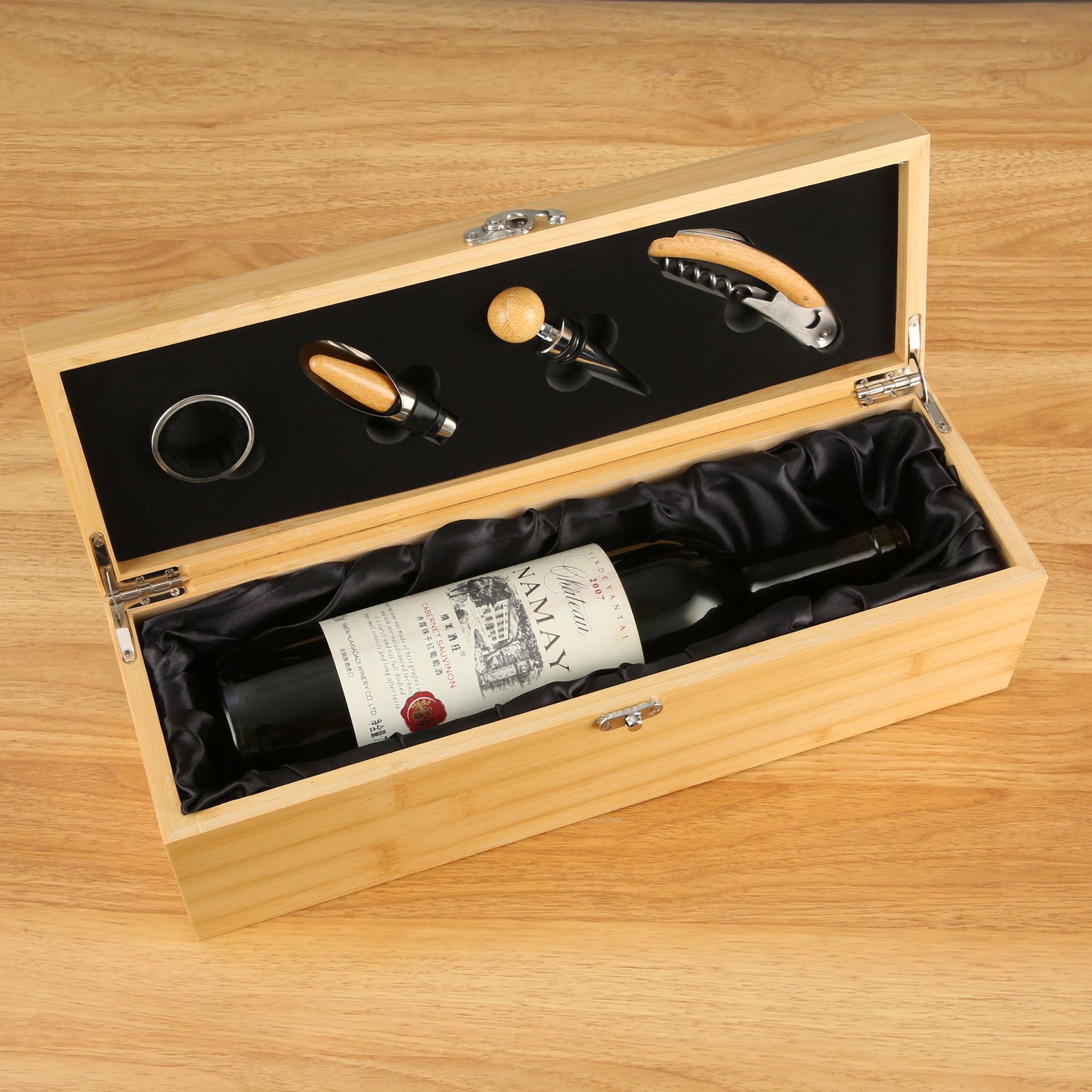 Estuche de lujo para una sola botella de vino, caja de vino de cuero, set de vino universal, set de cuatro piezas, caja para una sola botella. image 2