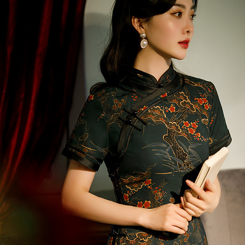 Retro Chinese Dress oriental Cheongsam for women female Chinese wind restoring ancient ways in spring and summer blue collar classical fashion qipao dress with short sleeves