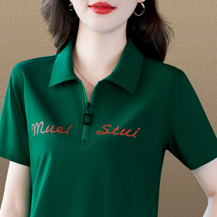 Летняя женская футболка с отложным воротником, приталенная, поло с коротким рукавом для женщин среднего возраста, повседневный топ с стильным дизайном.