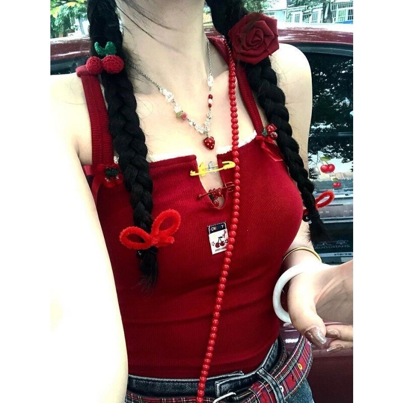 【Official Image: 40-Count Pure Cotton, 210G】Unique Red Camisole for Women, Summer Spicy Style, Backless Versatile Top, Trendy 【Official Image: 40-Count Pure Cotton, 210G】Unique Red Camisole for Women, Summer Spicy Style, Backless Versatile Top, Trendy