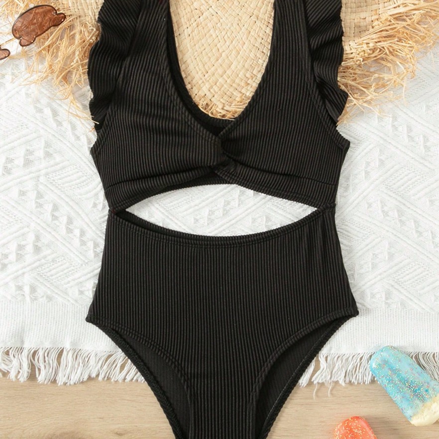Einteiliger Badeanzug aus Spitze, einfarbig, für Damen und Kinder, aus Baumwoll-Polyester-Mischgewebe, ideal für Urlaub in heißen Quellen und Wassersport._voghion.com