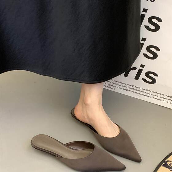French Pointed Thin Low Heel Baotou Half Drag Women's 2025 Spring New Niche Design Shallow Mouth Slip-on Slippers