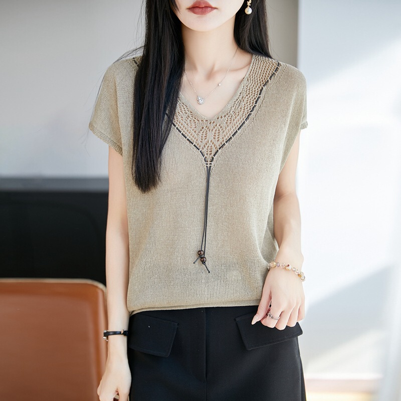 Hollow-Out Crochet V-Neck Linen Knit Top for Women, European Style 2026 Summer New Fashion Versatile Stylish Blouse Trend Hollow-Out Crochet V-Neck Linen Knit Top for Women, European Style 2026 Summer New Fashion Versatile Stylish Blouse Trend