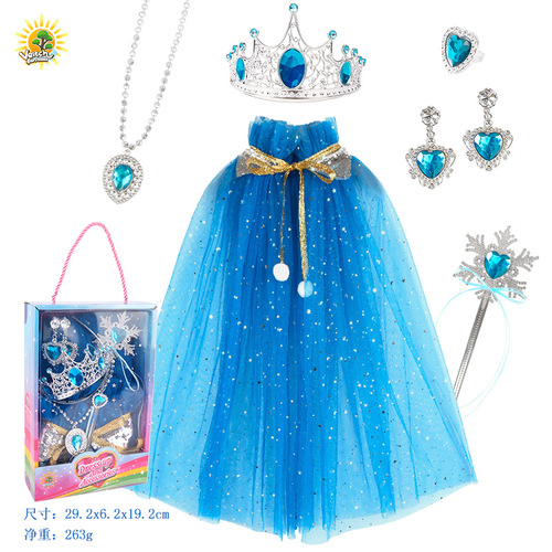 New model for children and girls to play princess, colorful cloak, magic wand, female crown, queen necklace, earrings and rings, six-piece set