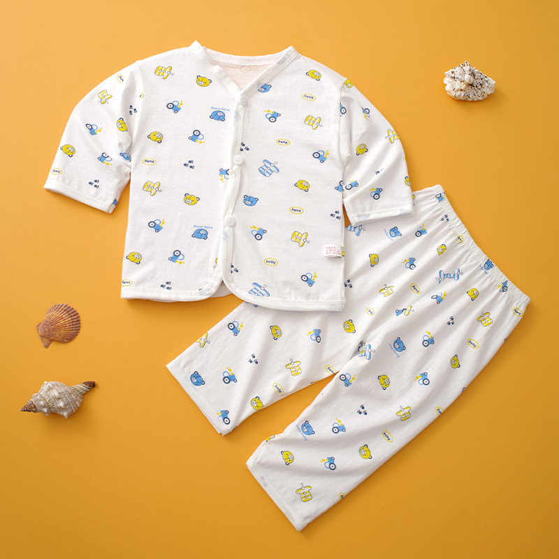 2023 primavera y verano Nueva Ropa interior de dibujos animados para el hogar hombres y mujeres traje de recién nacido Cuatro Estaciones de una sola cara Botón de algodón ropa de bebé