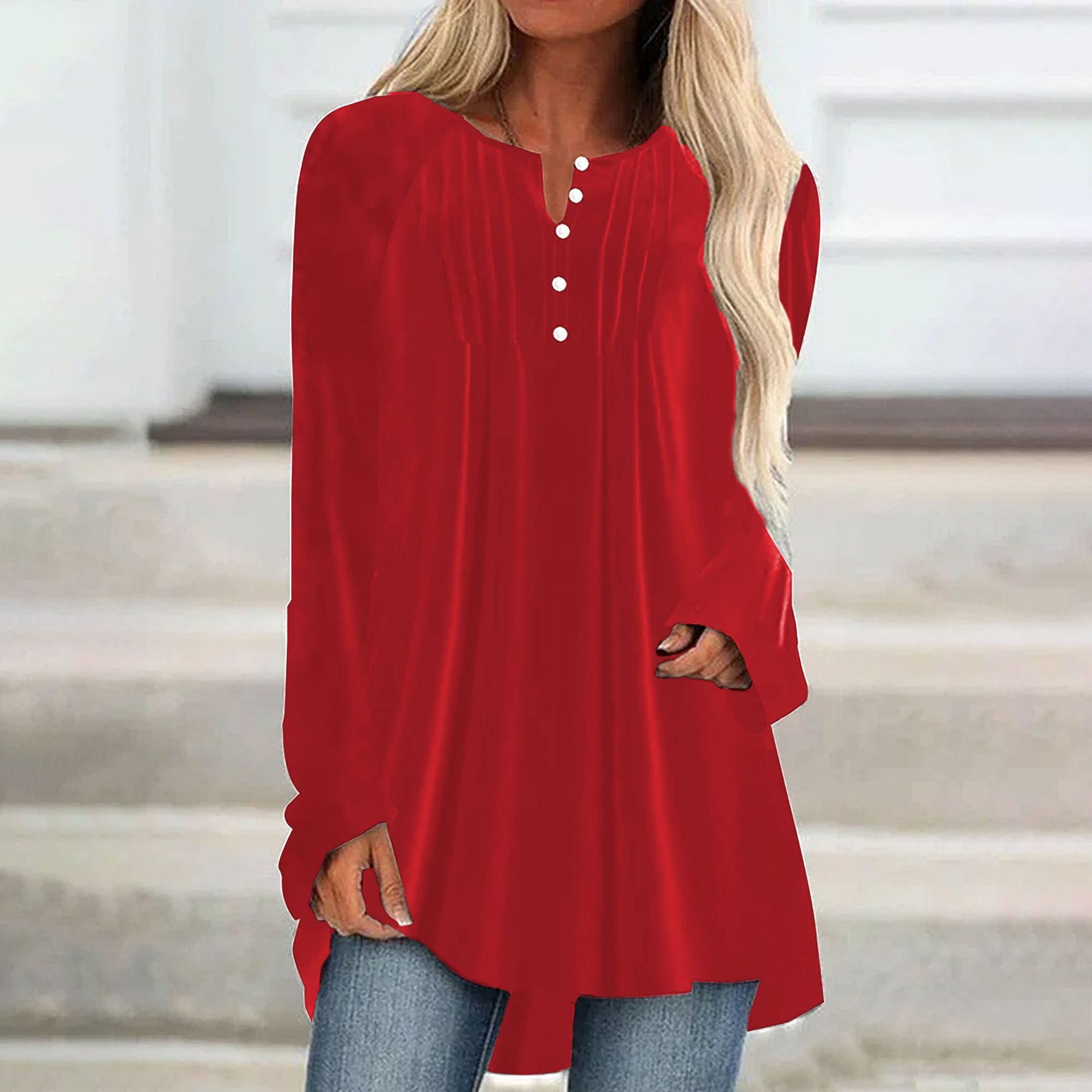 2026 European American Women's Fashion Autumn New V-neck Buttoned Velvet Long-sleeve Shirt With Chest Pleats And_ecoleips.com