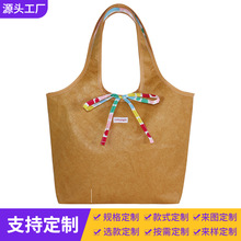 跨境新款复古双面拼背心包女士单肩包复合揉纹牛皮纸大容量购物袋