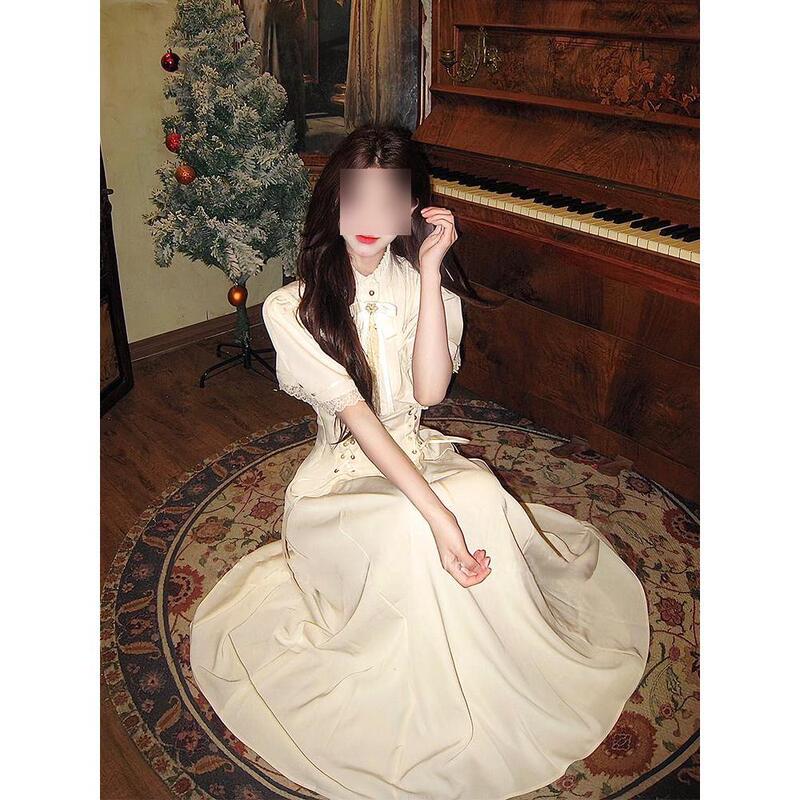 French White Lace Stand-Up Collar Princess Puff Short-Sleeved Women's Long Cape Dress with Waist Slimming Summer Temperament