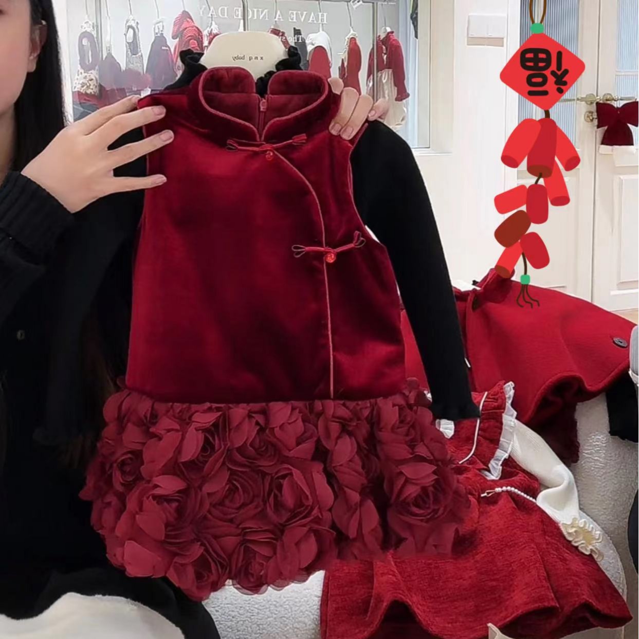 Red New Year Style Cotton-Lined Winter National Style Cheongsam Rose Dress with Backless Top for Baby Girl's First Birthday